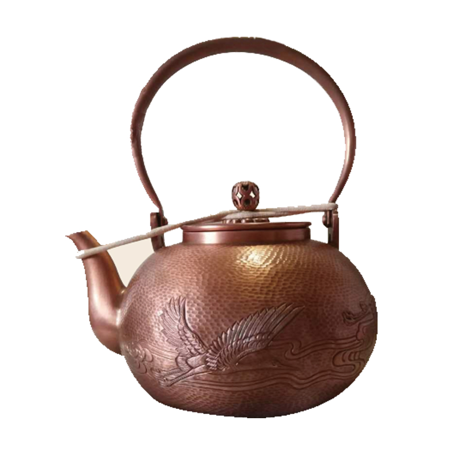 紫铜锻錾仙鹤茶壶